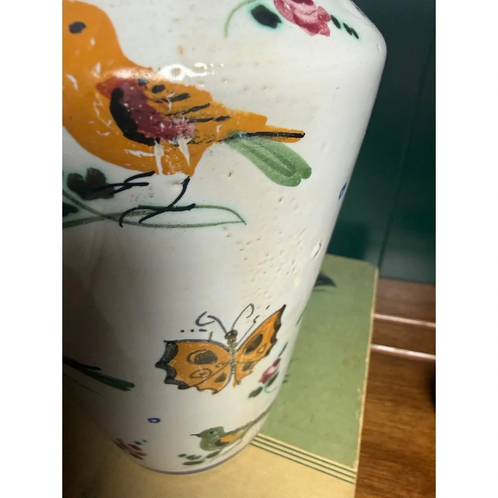 Vintage Italian Hand Painted‎ Bird Butterfly Vase Whimsical Cottagecore Italy